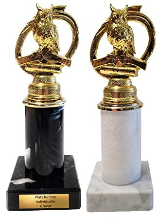 eberin · Geschenk zum Schuleintritt · Pokal für ABC Schütze · Auszeichnung zum Schulanfang · Eule auf Säule/Marmor schwarz oder weiß · Geschenk personalisierbar mit Wunschtext · (Sockel weiß)