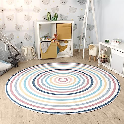 Paco Home Kinderteppich Teppich Kinderzimmer Rund Spielmatte Babymatte Waschbar Bis 30 Grad Sonne Regenbogen Schriftzug Motiv, Grösse:120 cm Rund, Farbe:Bunt 4