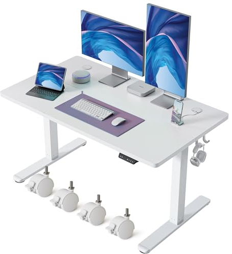 FEZIBO Bureau réglable en Hauteur électrique, 120 x 60 cm Bureau Debout avec Commande à mémoire et Technologie Anti-Collision, Cadre Blanc/Plateau Blanc