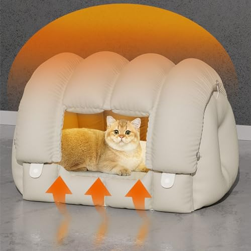 Casa para Gatos Casa para Mascotas con Calefacción de Dos Formas de Usar, Camas para Gatos con Calefacción Eléctrica con Cable a Prueba de Masticaciones y Fondo Antideslizante, Escondite para Gato ( C