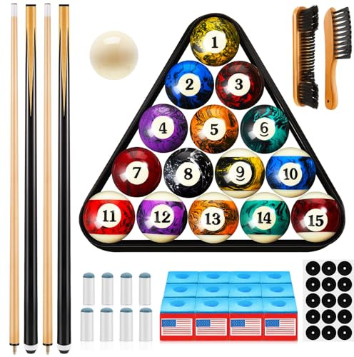 Outus 71 Pcs Premium Pool & Billiard Table Accessories Set – Pool Balls, Cue Sticks with Tips, Triangle Rack, Chalks, Brush Spot Stickers for Home Family & Beginner Practice(Dark Marble Style Balls)