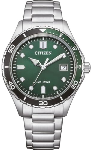 Citizen Eco-Drive Herrenuhr Edelstahl, Grün, 36.8 mm, AW1828-80X | Eco-Drive Solar, Keine Batterie Nötig, Kristallglas, 10 bar Wasserdicht, 240 Tage Gangreserve, Datum, Edelstahlband