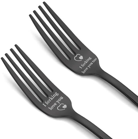 2Pcs I Love You Forks with Gift Box, Engraved Stainless Steel Dinner Forks, Personalised Couple Gifts for Him or Her, Valentine's Day Christmas Birthday, Dishwasher Safe (Matte Black)