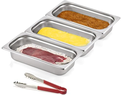 Morleos 3x Panierschalen + Rote Zange | GN 1/3 Edelstahl Metall Schalen je 32,5 x 17,6 x 6,5 cm | Volumen: 7,5 Liter | Panieren & Marinieren Fleisch, Schnitzel | 0,7 mm dick