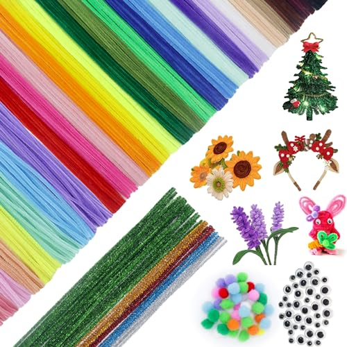 VntMQP Chenille-Faden-Set, Pfeifenreiniger-Set, bunt, zum Basteln, 30 cm x 6 mm Pfeifenreiniger, geeignet für Blumen, kleine Tiere, Halloween, Weihnachten DIY-Kunstwerke (250Mehrfarbig+Augen)