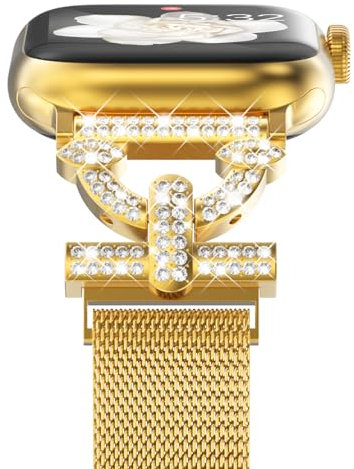 Fullife Milanese Armband Kompatibel mit Apple Watch Armbänder 38mm 40mm 41mm 42mm(Serie 10) für Damen, Diamant Metall Ersatzband für iWatch SE Serie 10/9/8/7/6/5/4/3/2/1,Gold