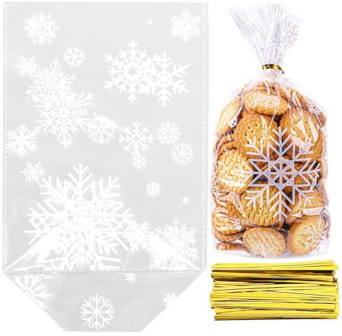 woric 150 Plätzchentüten, 24x15cm Kekstüten Weihnachten Tüten zum Befüllen | Bodenbeutel Cellophantüten Schneeflocken mit 150 Gold Bindestreifen Tüten für Plätzchen Süßigkeiten Geschenke