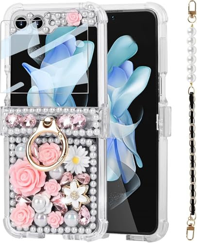 FODDOM for Samsung Galaxy Z Flip 6 Case with Ring & Pearl Strap, 3D Handmade Sparkle Stunning Stones Crystal Diamond Bling Glitter Phone Case for Samsung Galaxy Z Flip 6 5G (Pink)