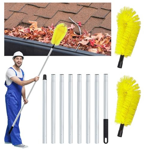 Gutter Cleaning Brush Roofing Tool with 8Pcs Telescopic Extension Pole (10.5 ft), Gutter Cleaning Tool with 2 Brush Heads for Removing Leafy Debris Window Cobwebs(Yellow)