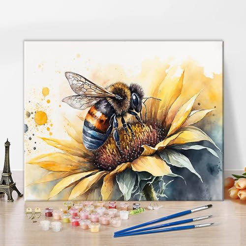 TISHIRON Bee on Sunflower in Aquarelle Style Paint by Numbers Kits for Adults Beginner Digital Art Cute Bee Oil Painting DIY Paint by Number for Home Wall Decoration 16 x20 inch