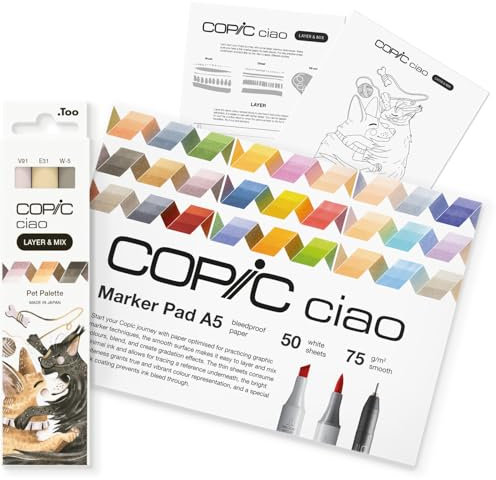 Copic Ciao LAYER & MIX Starter Set Pet, Marker Set mit 3 verschiedenen Farben, Markerpapier und Zeichenvorlage zum abpausen, inkl. Kennenlern-Übungsblatt