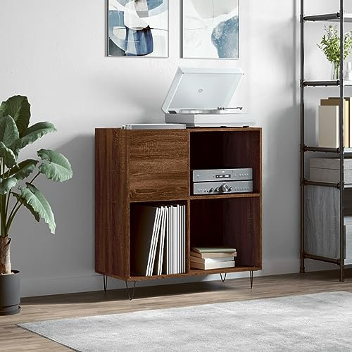 Iiaky Mobile Porta Dischi in Rovere Marrone - Supporto per Giradischi con Spazio di Archiviazione - Legno Multistrato 84,5x38x89 cm