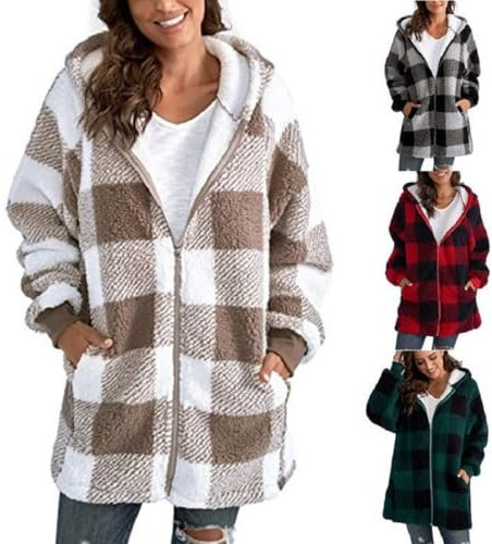Manteau d'hiver à carreaux pour femme Veste Polaire Teddy en Peluche pour Cardigan en Peluche Souple Zippée pour Femme Mode chic en Chaud Hiver Décontractée Doux Ample Outerwear