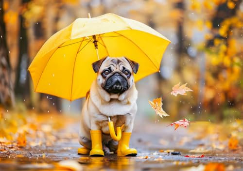 CALVENDO Poster 84,1 x 59,4 cm Querformat Mops im Herbstwald Es ist immer Mops-Wetter| Bilder, Kunstdruck, Wandbild, Wanddeko, Prints ohne Rahmen