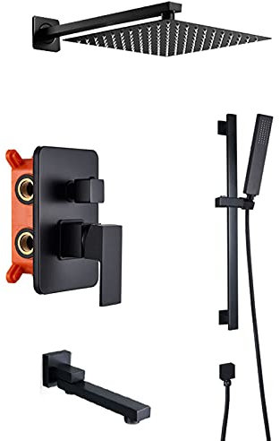 sjdoPulse Système De Douche Noir Mat,Ensemble De Robinet De Douche Mural avec Barre Coulissante,Pomme De Douche À Effet Pluie De 10 Po avec Douche À Main Et Ensemble De Bec De Baignoi