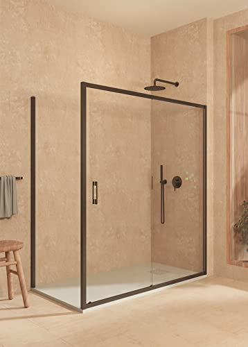 SOULBATH Mampara Angular corredera + Fijo + Lateral Fijo, con Perfil Inferior, Fácil instalación Vidrio de Seguridad 6mm antical, 170-174cm Ancho x Fijo 82,5-85cm H=195cm, Negro Mate