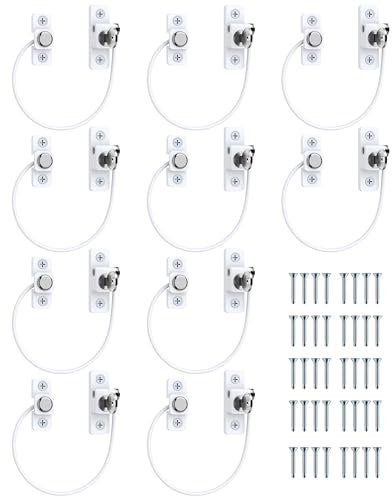 eSynic Paquete de 10 candados de PVC para ventanas de seguridad para niños con alambre de 185 mm de largo, restricción de ventana de gato con llaves, tornillos automáticos para limitar la distancia