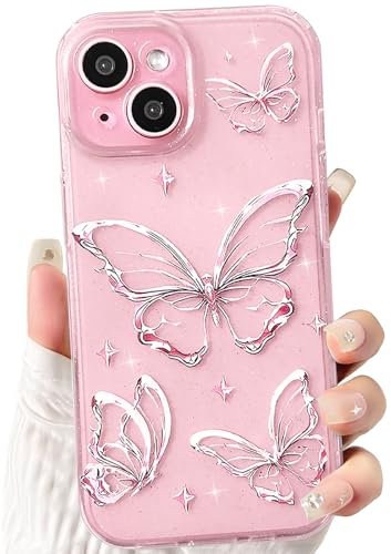 NITITOP Compatible with iPhone 13 Case Cute Clear Glitter Butterfly Design Sparkly Bling Shiny Star Trendy Girls Women Soft Slim Anti-Yellow TPU Shockproof Protective Phone Cover - Pink