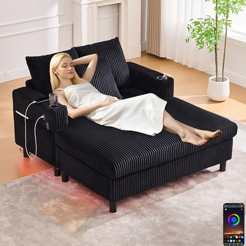 Zepneiy Sofa Chaiselongue mit Schlaffunktion, Polstermöbel Loungesessel mit USB und LED, Wohnzimmer Möbel mit seitlichen Getränkehaltern, Schlafsofa für Wohnzimmer Schlafzimmer Villa, Schwarz