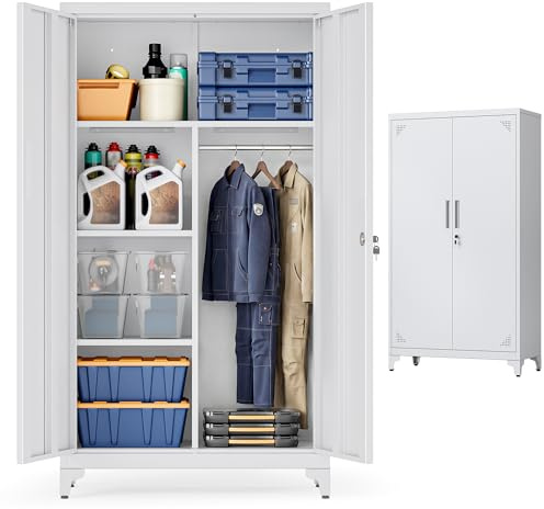 SONGMICS Armadio Multiuso, Guardaroba, Mobile da Ufficio in Metallo, con 2 Ante, 5 Scomparti, Barra Appendiabiti, Chiusura a Chiave, Piedini Alti, 80 x 40 x 165 cm, Grigio Opaco OMC018GJ01