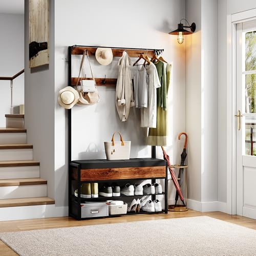 Tcewhhy Garderobenständer mit Sitzbank, Garderobenständer mit Schuhablage, 12 Doppelhaken und Offenem Stauraum, Garderoben-Set für Flure, Schlafzimmer und Wohnzimmer, 175 x 30 x 100 cm, Dunkelbraun