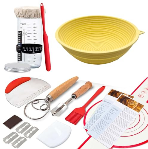 SoLuna.® Sourdough Starter Kit for Bread Making with Silicone Proofing Basket Round - Sourdough Starter Supplies Kits - Bread Baking Accessories (Silicone Red, 15pcs)