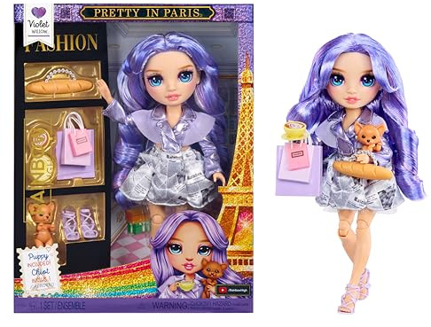 Rainbow High Pretty in Paris Modepuppe - Violet Willow - 28 cm große Modepuppe in Lila mit Welpen, Handtasche und Accessoires, zum Spielen, beweglich, Sammlerstück, für Kinder von 4 bis 12+ Jahren