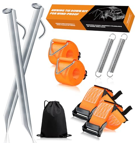 Sturmband für Vorzelt & Markise – 5cm Breites Gurtband, 38cm Erdanker Sturmsicherung vorzelt, Sturmbänder für Markisen, Abspanngurte Markise Wohnmobil, Abspannseile camping mit S-Haken und T-Verbinder