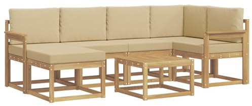 vidaXL Outdoor-Sofagarnitur 7 pcs Weiß und Beige Massivholz Akazie, Garten Sofa, modernes Eckset, wetterfestes Loungemöbel, Terrassen Sitzmöbel für entspannten Komfort