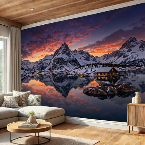 Natürlicher Winter Fototapete Panorama-Tapete, 200 x 140 cm Fototapeten, Sonnenuntergang In Einer Holzhütte Im Schnee Seide Tapete Für Die Wanddekoration Von Wohnzimmer Schlafzimmer - Dunkelbraun