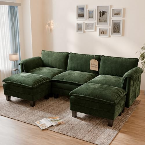 ELUCHANG Modulares Sofa U-Form, 256cm Breit Ecksofa mit 2 Ottomanen, 3 Sitzer Chenille Couch mit 62cm Sitztiefe, Schlafsofa-Funktion, Werkzeuglose Montage, Wohnzimmer, Grün