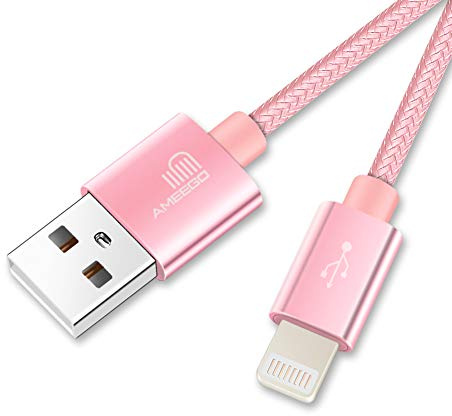 ameego 10ft Strong Nylon Braided Lightning to USB iPhone Cable with Compact Connector for iPad air 2/iPad Mini/iPhone X/8/8 Plus/7/7 Plus/6/6 Plus/6S/6S Plus/5/5S/SE and More (Rose Gold)
