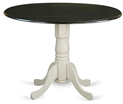 East West Furniture DLT-BLW-TP Dublin Esszimmertisch – eine runde Massivholz-Tischplatte mit Dropleaf und Sockelboden, 107 x 107 cm, Schwarz & Leinenweiß