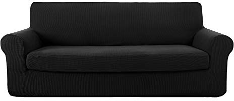 Deconovo Jacquard Sofabezug Stretch Sofaüberzug Couchbezug Sofaüberwurf Wohnzimmer, 3-Sitzer(180-230 cm), Schwarz
