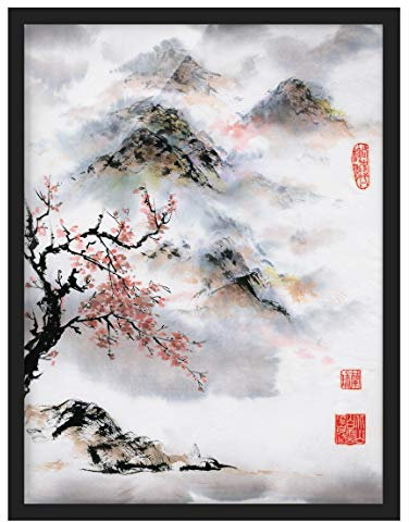 Bild Japanische Aquarell Zeichnung Kirschbaum und Berge 70x50cm Schwarz o. Pa.