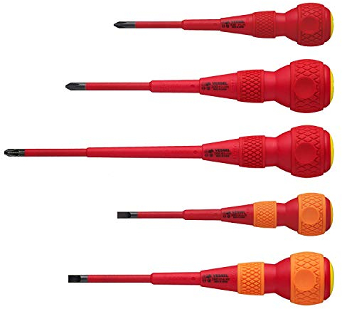 VESSEL Destornillador BALL GRIP VDE (aislados) Pozidrive/Plato, juego de 5 piezas