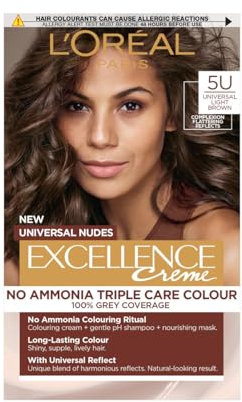 L’Oréal Excellence Permanent Hair Dye Colouring Cream, 100% Grey Coverage, With Pro-Keratin + Ammonia-Free, Universal Nudes, 5U Light Brown