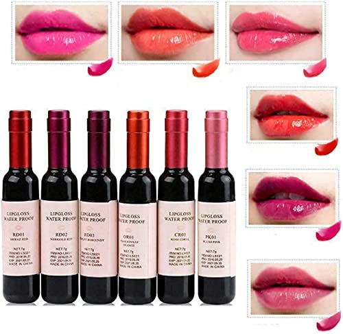 Lápiz labial líquido de vino de 1/6 colores, para maquillaje de larga duración, mate, tinte para botella de vino, juego de tinte de labios impermeable, tinte de labios de brillo de labios(6 colores)