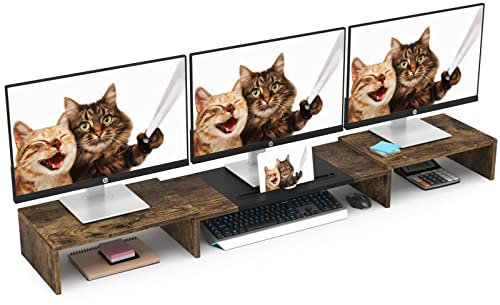 WESTREE Soporte de monitor triple doble, soporte de monitor extralargo para 1 ~ 2 ~ 3 monitores, soporte de monitor con longitud y ángulo ajustables, elevador de almacenamiento de escritorio de 3