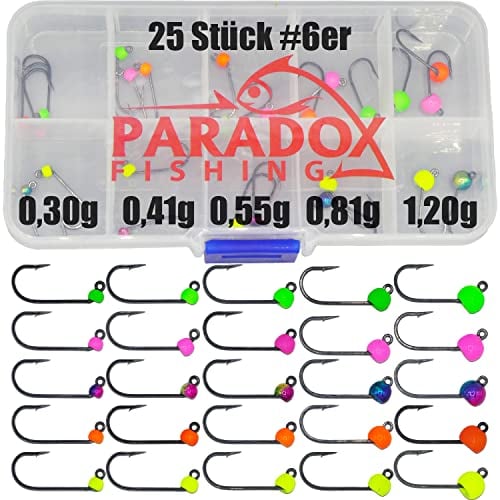 Paradox Fishing Tungsten Jighaken Set I 25 Stück 0,3g-1,2g je 5 Stück #6 I Forellen Haken Gummiköder Haken Spoons Forelle Forellenköder