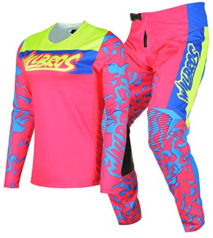 Willbros Ensemble de Pantalons et Jersey for Women Cyclisme Courses Hors Route Motocross Dirt Bike Vélo Adulte Bleu Rose (Jersey L/Pantalon 34)