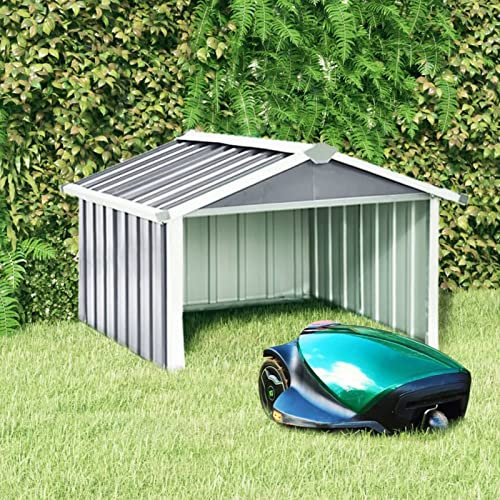 Gecheer Abri de jardin extérieur en métal avec porte coulissante, acier galvanisé gris, 92 x 97 x 63 cm, Abri métallique pour ranger tondeuses, escaliers pliants, vélos