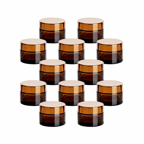 gouveo Lot de 12 pots à crème en verre ambré avec couvercle à visser doré - 15 ml - Boîte à crème vide à remplir - Mini pots pour crème, cosmétiques, lotion