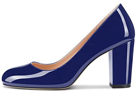 Aachcol Donna Pumps Chunky Blocco Alto High Tacco Heel Chiusa Rotonda Punta Slip-on Scarpe 8 CM Blu Verniciata 42 EU