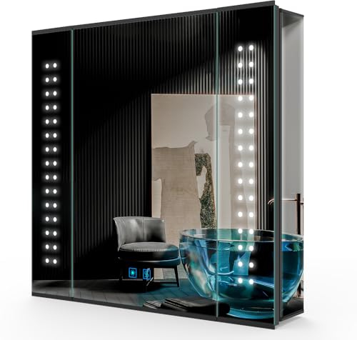 LUMIRRORS® LED Bathroom Mirror Cabinets with Shaver Socket and Lights BLACK Illuminated Bathroom Cabinet with Mirror Wall mounted Built-in LED Lighting Aluminium Anti-fog Glass Shelves 65x60 cm