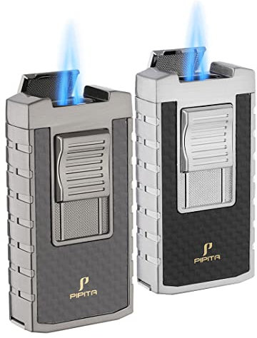 PIPITA 2er-Pack Winddichtes Fackel Feuerzeug Double Jet Blauer Flammen Butangas Feuerzeug Einstellbare nachfüllbare Fackelfeuerzeuge mit Locher, Farbwechsel-Design des visuellen Gasfensters