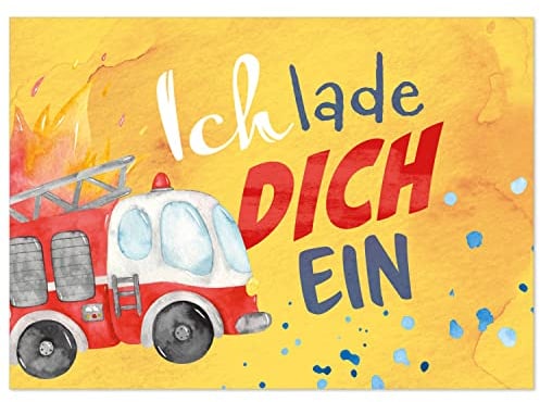 8 Feuerwehr Einladungskarten Kindergeburtstag mit Umschlägen, Aquarell Feuerwehrmann, Karte Geburtstag Einladung zum Ausfüllen