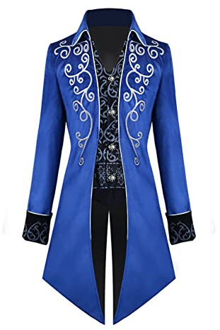 OBEEII Herren Frack Mantel Steampunk Gothic Jacke Vintage Viktorianischen Cosplay Kostüm Smoking Mantel Uniform Mittelalter Viktorianisch Renaissance Pirat Viking Kostüm Blau S
