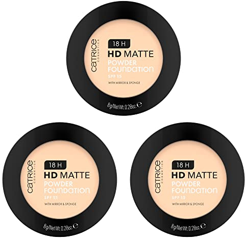 Catrice 18H HD Matte Powder Foundation, Nr. 008C, Nude, langanhaltend, mattierend, matt, für unreine Haut, vegan, ölfrei, UVA- und UVB-Filter + SPF 15, ohne Parfüm, 3er Pack (3x8g)
