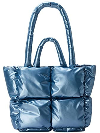 MadGrandeur Puffer Tote Bag Damen glänzend gesteppt Puffy Tote Bag Down Gepolsterte Schultertasche Niedliche ästhetische Tasche, blau, L